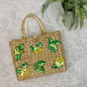 Straw Woven Lined Tote with Fruit Sequined  Accents